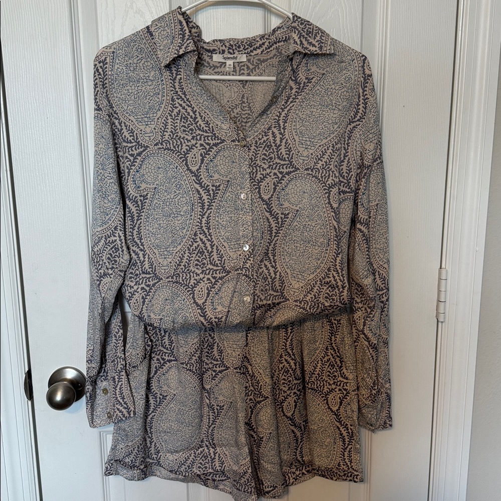 Splendid Paisley Button-Down Shirt in Navy and Cream with Matching Shorts